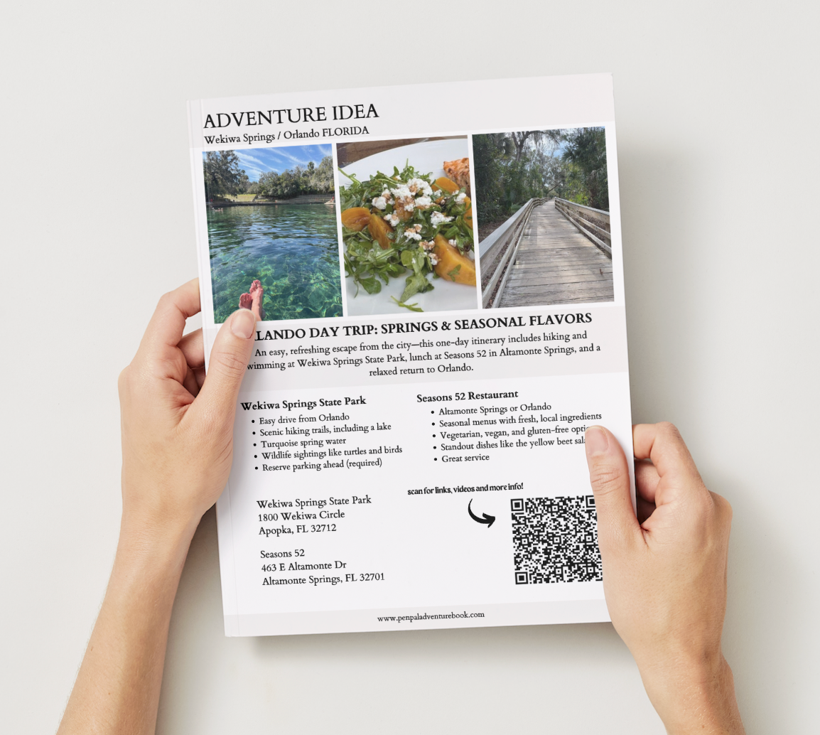 Person holding a flyer with adventure ideas for Wimberley Springs, Orlando, Florida.