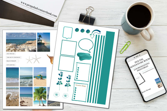 Instant Download-Beach Therapy-Teal Blue-Pen Pal Adventure Book Coordinating Printables