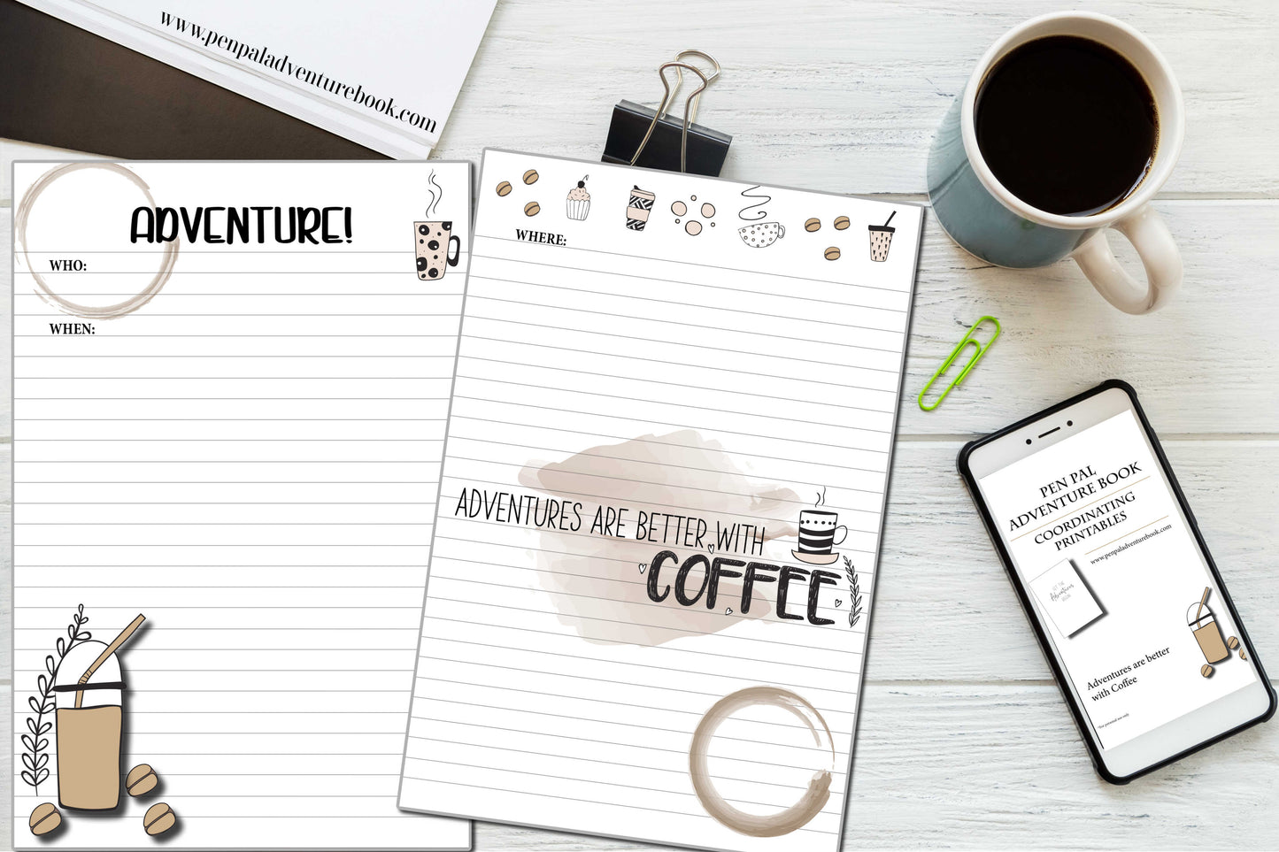 Instant Download-Adventures are better with Coffee-Pen Pal Adventure Book Coordinating Printables