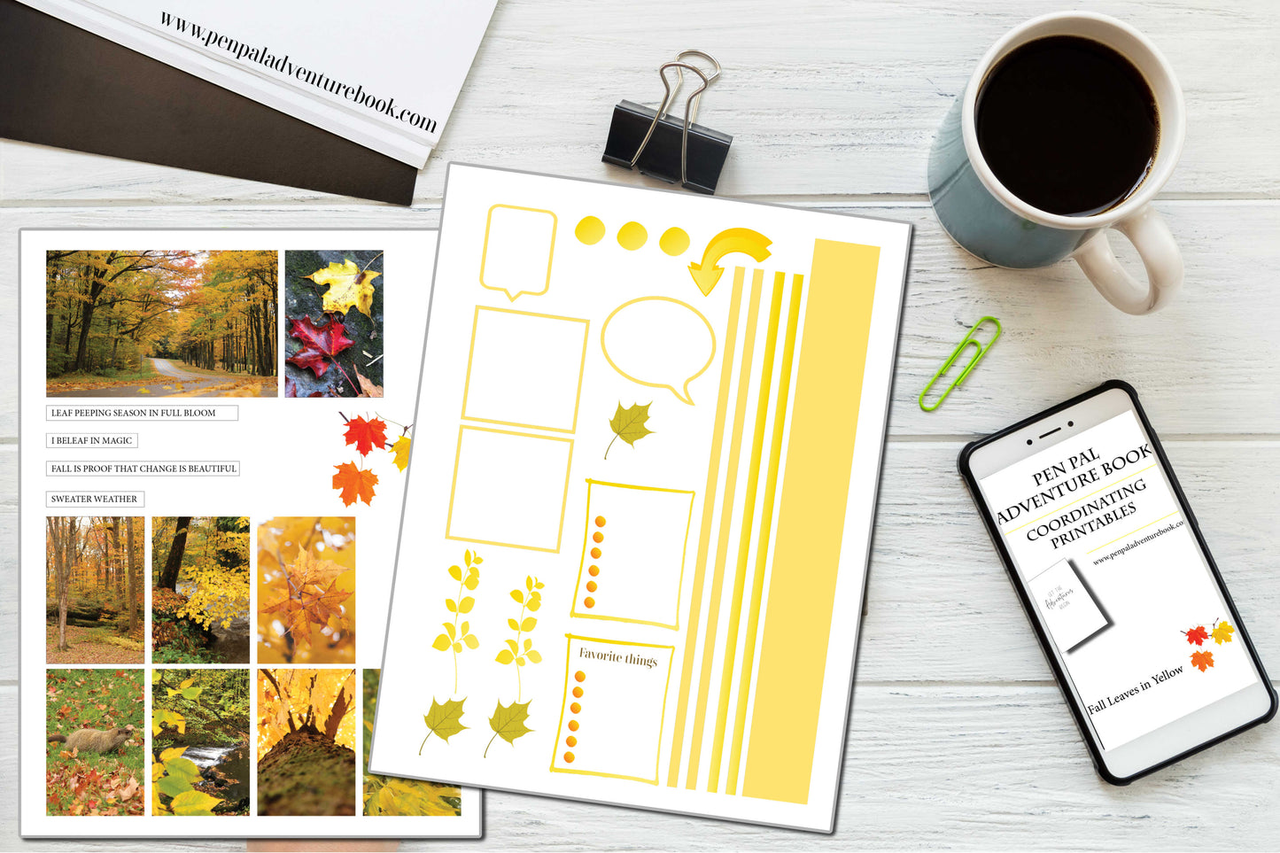 Instant Download-Fall Leaves-Yellow-Pen Pal Adventure Book Coordinating Printables