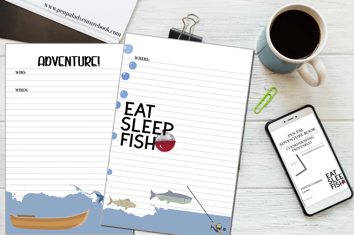 Instant Download-Fishing Layout-Pen Pal Adventure Book Coordinating Printables