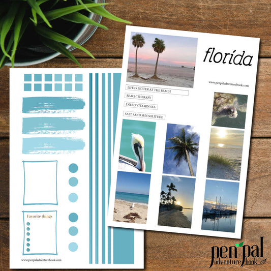 Instant Download-Florida Sea Beach Lovers Palm Trees-Pen Pal Adventure Book Coordinating Printables