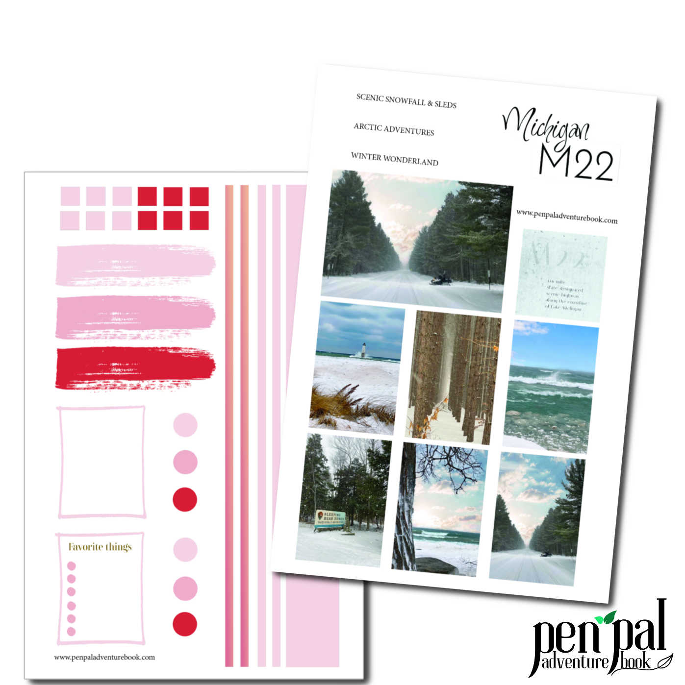 Digital Download-Scenic route M22 in Michigan in Winter-Pen Pal Adventure Book Coordinating Printables