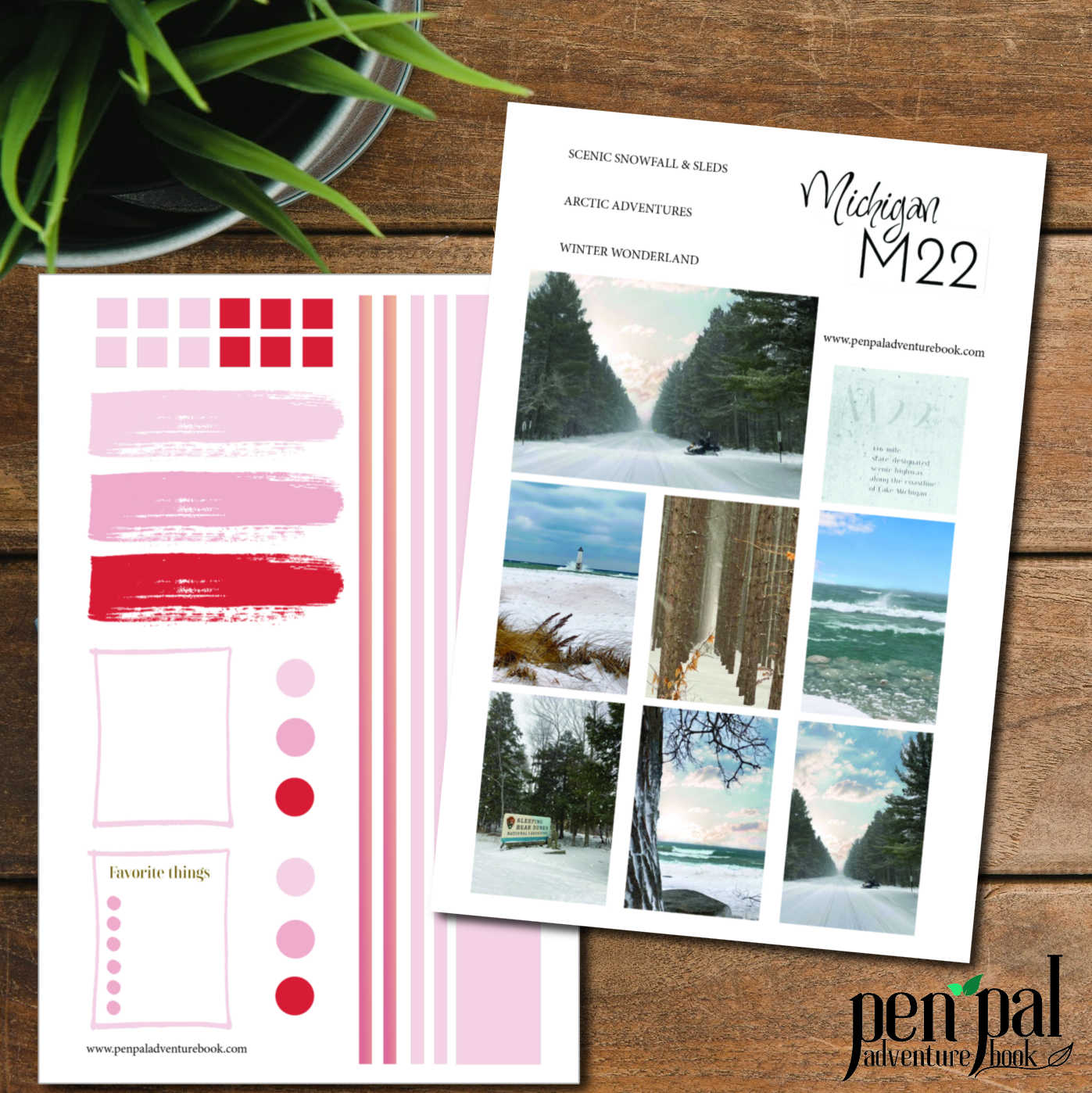 Digital Download-Scenic route M22 in Michigan in Winter-Pen Pal Adventure Book Coordinating Printables